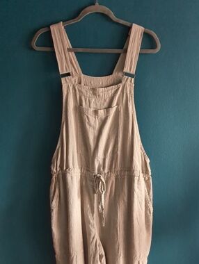 notPERFECTLINEN 100% Natural Beige Linen Jumpsuit Overalls with Drawstring Waist